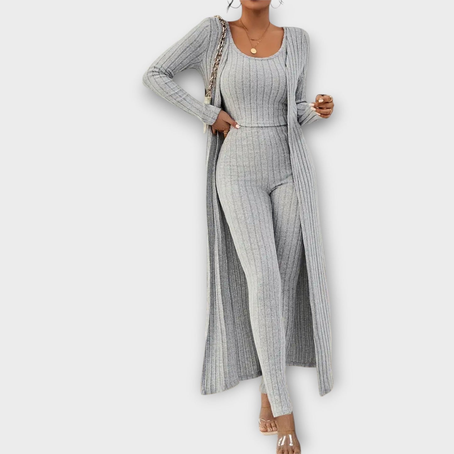 Elisa - Dreiteiliges Damen Set, Gestreift, Bauchfreies Tanktop, Langarm-Strickjacke & High-Waist-Hose, Stilvoll & Bequem-3