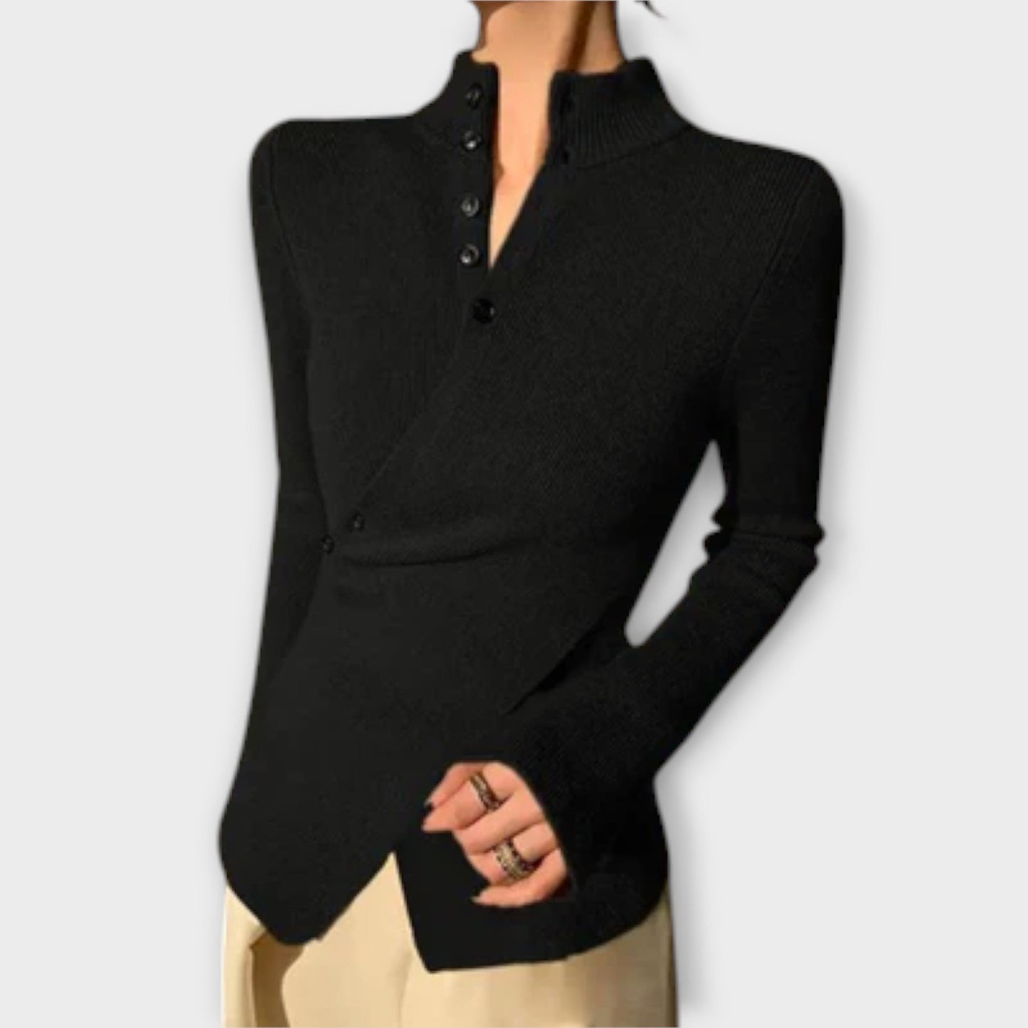 Sophie – Eleganter Damenpullover aus Baumwolle mit Hohem Kragen, Enganliegend, Schwarz-3