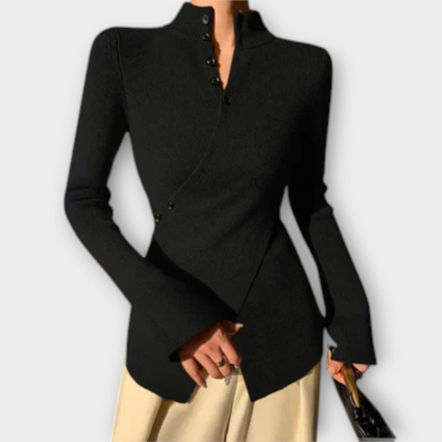Sophie – Eleganter Damenpullover aus Baumwolle mit Hohem Kragen, Enganliegend, Schwarz-4