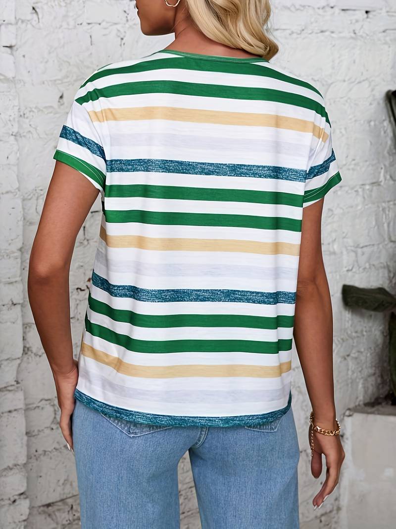 Rona - Stylisches Damen T-Shirt Mit V-Ausschnitt In Blau-Weißem Streifenmuster - Perfekt Für Frühling Und Sommer - Bequeme Oberteile Damen-2