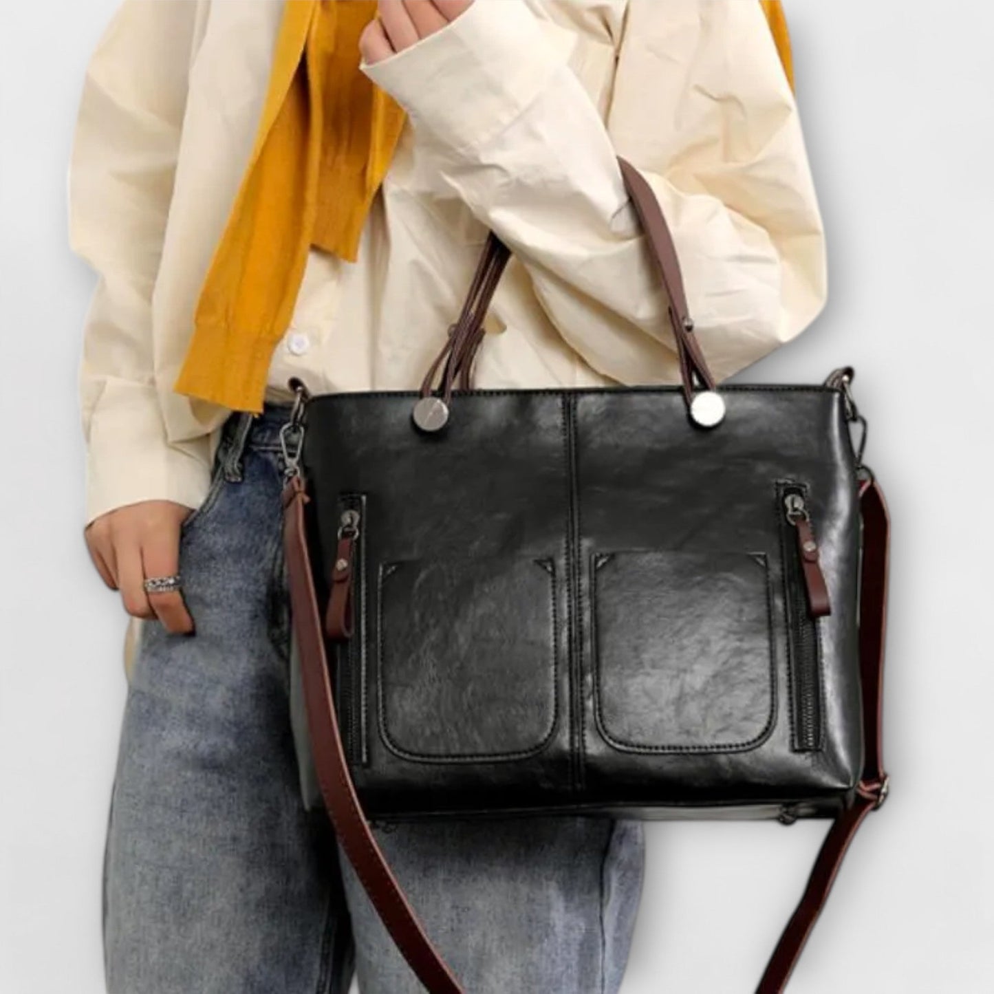Léora. Elegante Handtasche Damen Schwarz Aus Hochwertigem Leder – Geräumige Designer Handtasche Für Arbeit Und Freizeit-6