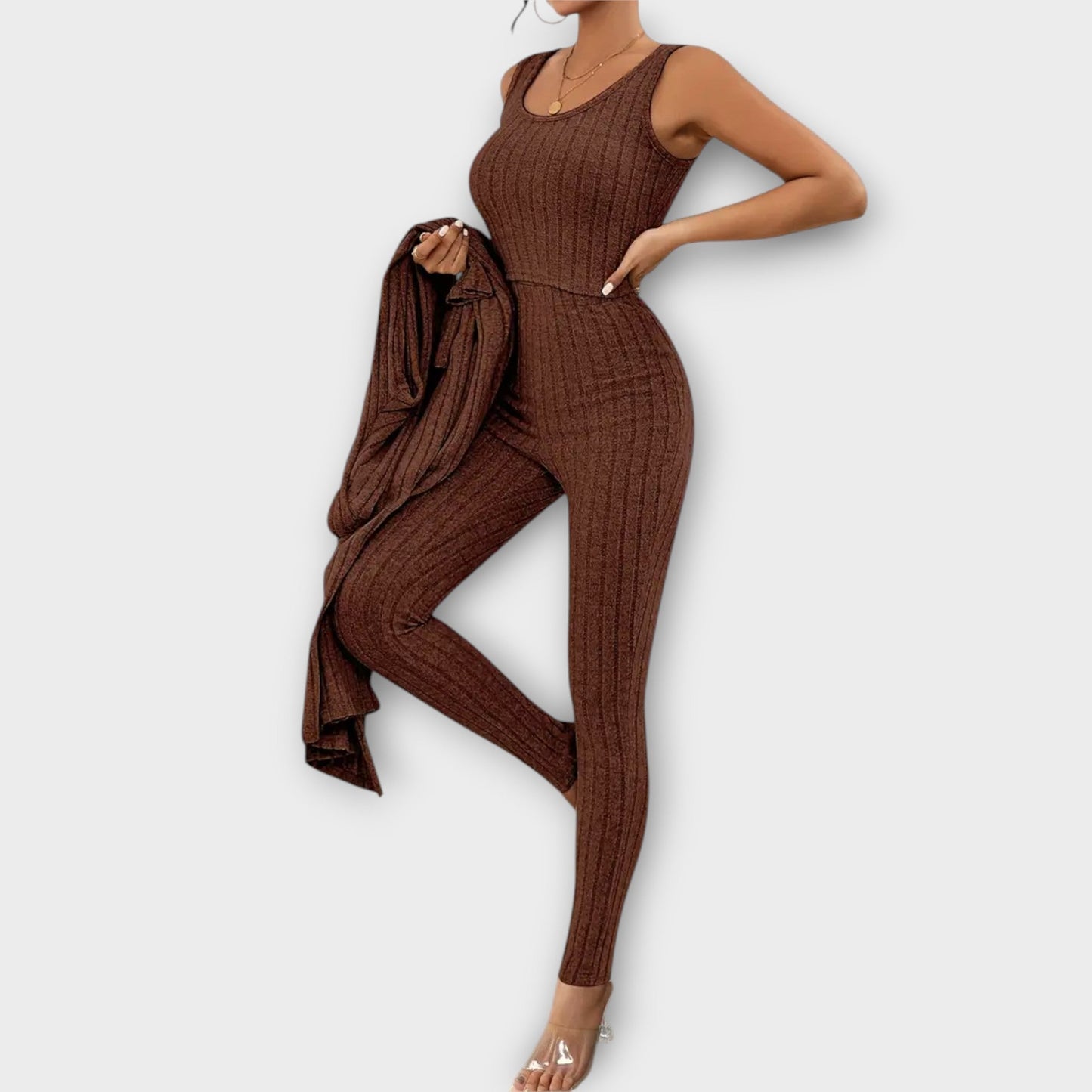 Variant image for Elisa - Dreiteiliges Damen Set, Gestreift, Bauchfreies Tanktop, Langarm-Strickjacke & High-Waist-Hose, Stilvoll & Bequem-21