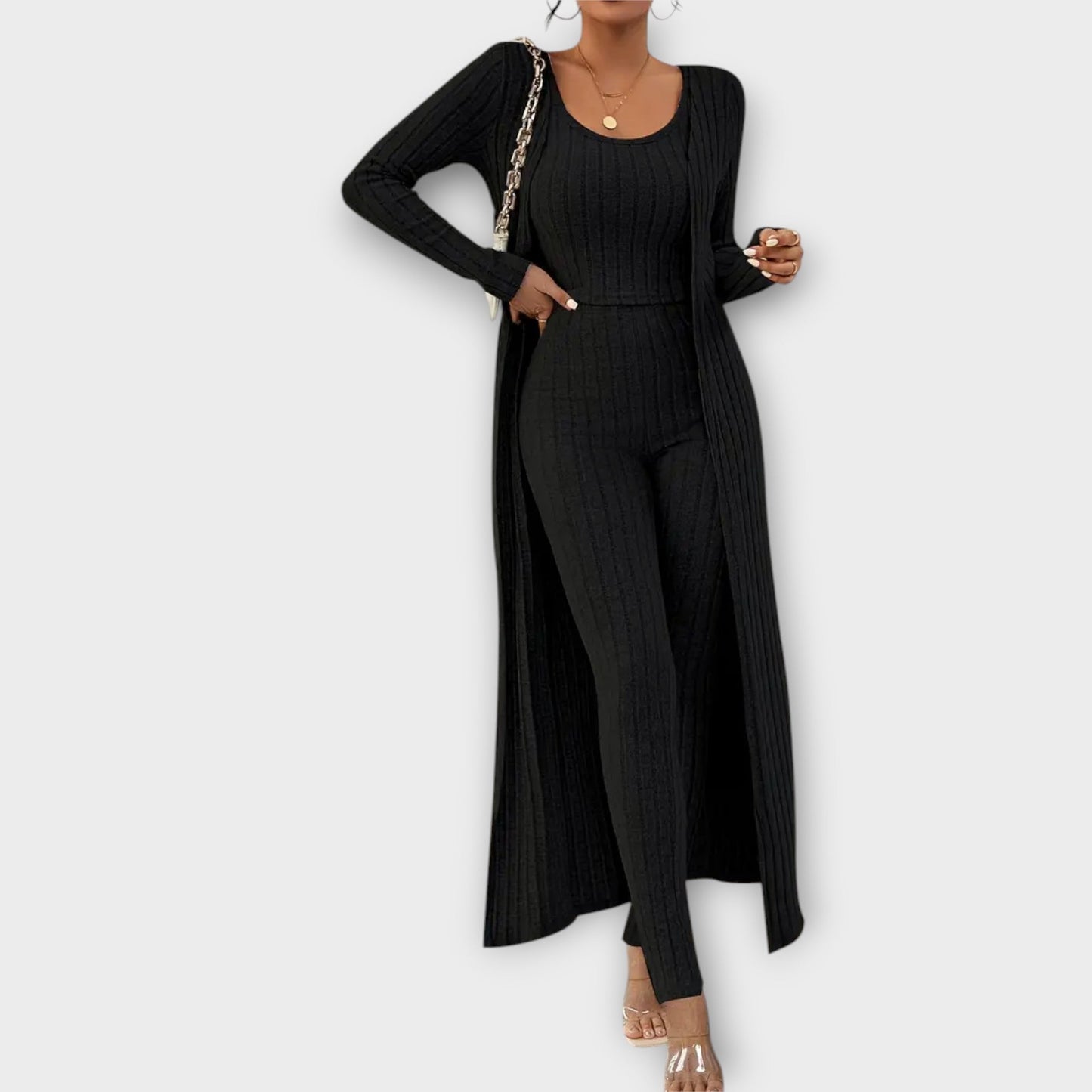 Elisa - Dreiteiliges Damen Set, Gestreift, Bauchfreies Tanktop, Langarm-Strickjacke & High-Waist-Hose, Stilvoll & Bequem-2