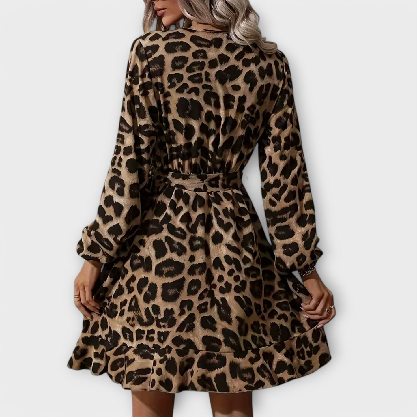 Anna's Elegantes Leopardenmuster Damenkleid mit V-Ausschnitt und Bindegürtel für Festliche Anlässe-2