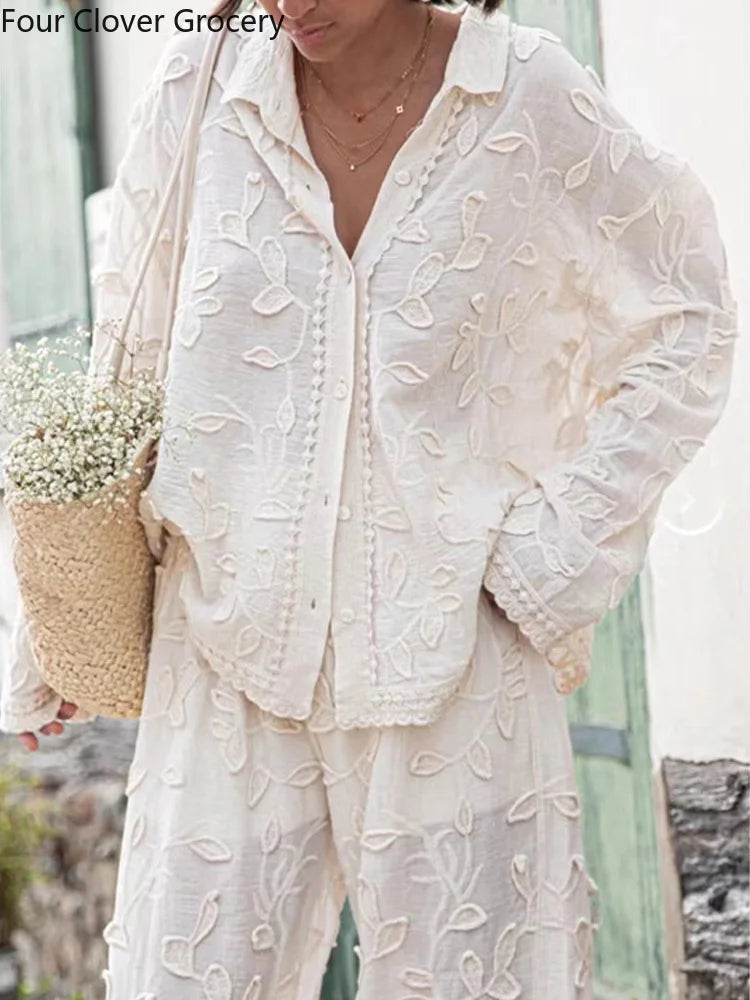 Anna's Elegante Damenmode: Hosen Mit Stickerei & Langärmelige Bluse für Stilbewusste Frauen-2