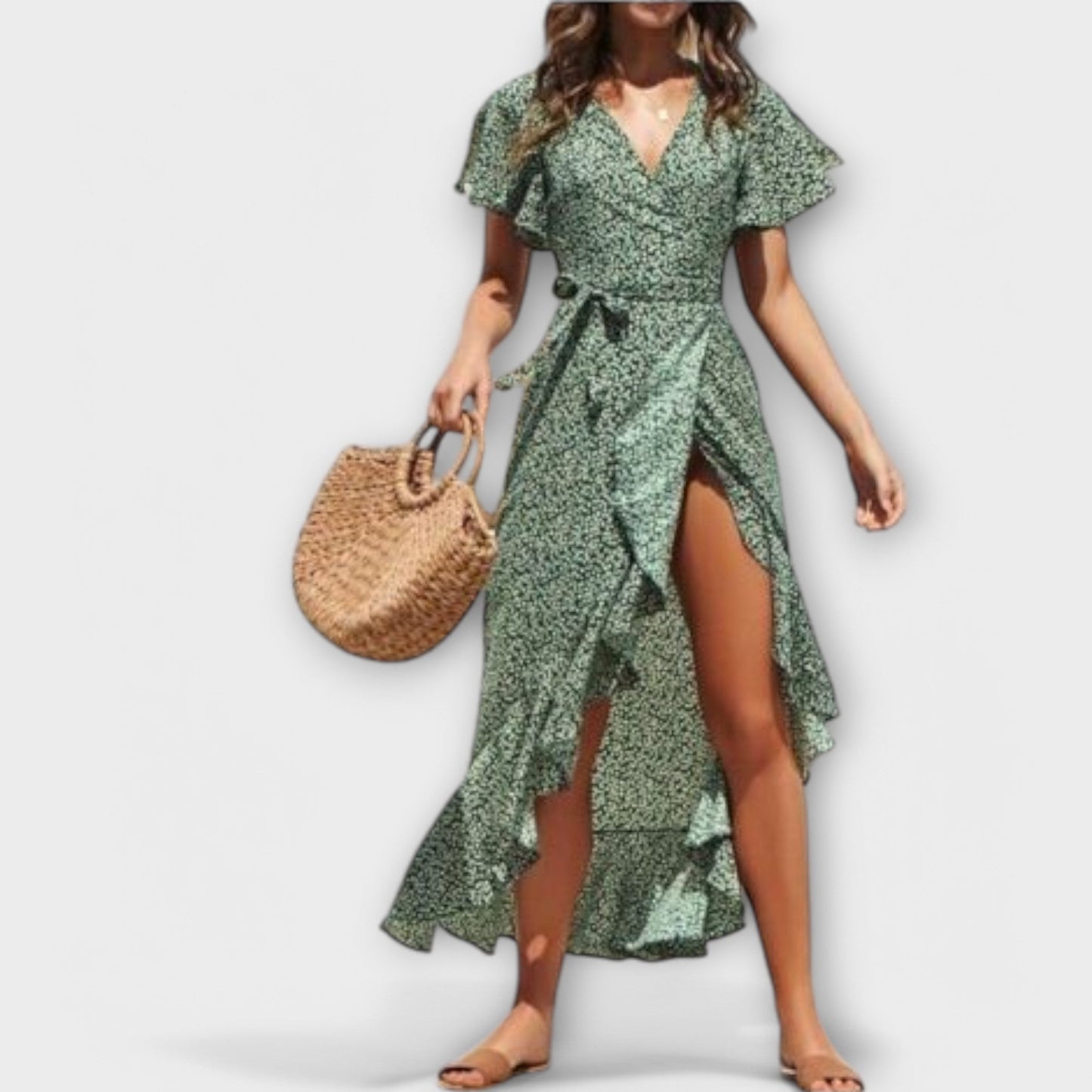 Sophie - Elegantes Maxi Kleid Damen im Wickeldesign für Sommerfeste - Maxikleid Boho mit Blumenmuster und Taillengürtel-3