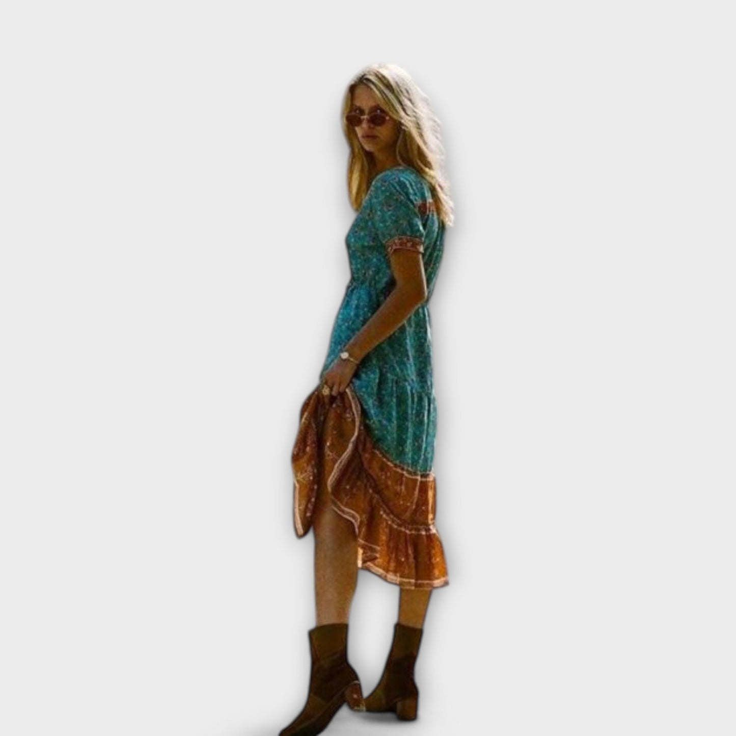 Ranya Boho Midi Kleid Damen in Türkis und Orange – Sommerkleider mit V-Ausschnitt und Blumenmuster-4