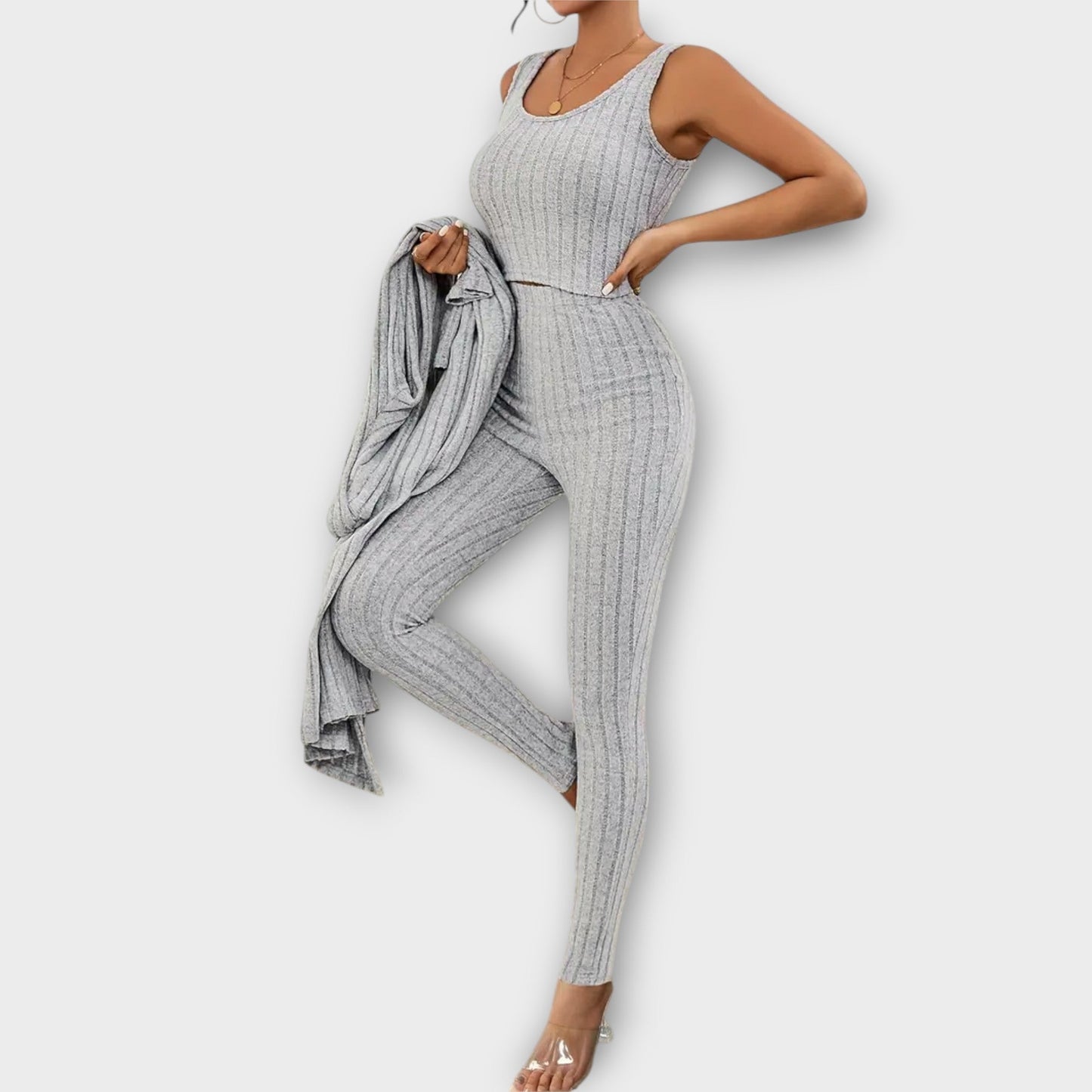 Elisa - Dreiteiliges Damen Set, Gestreift, Bauchfreies Tanktop, Langarm-Strickjacke & High-Waist-Hose, Stilvoll & Bequem-4
