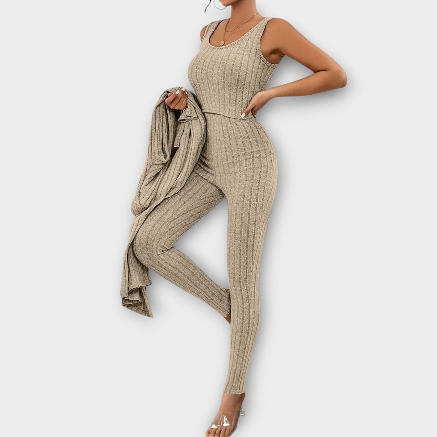 Variant image for Elisa - Dreiteiliges Damen Set, Gestreift, Bauchfreies Tanktop, Langarm-Strickjacke & High-Waist-Hose, Stilvoll & Bequem-11