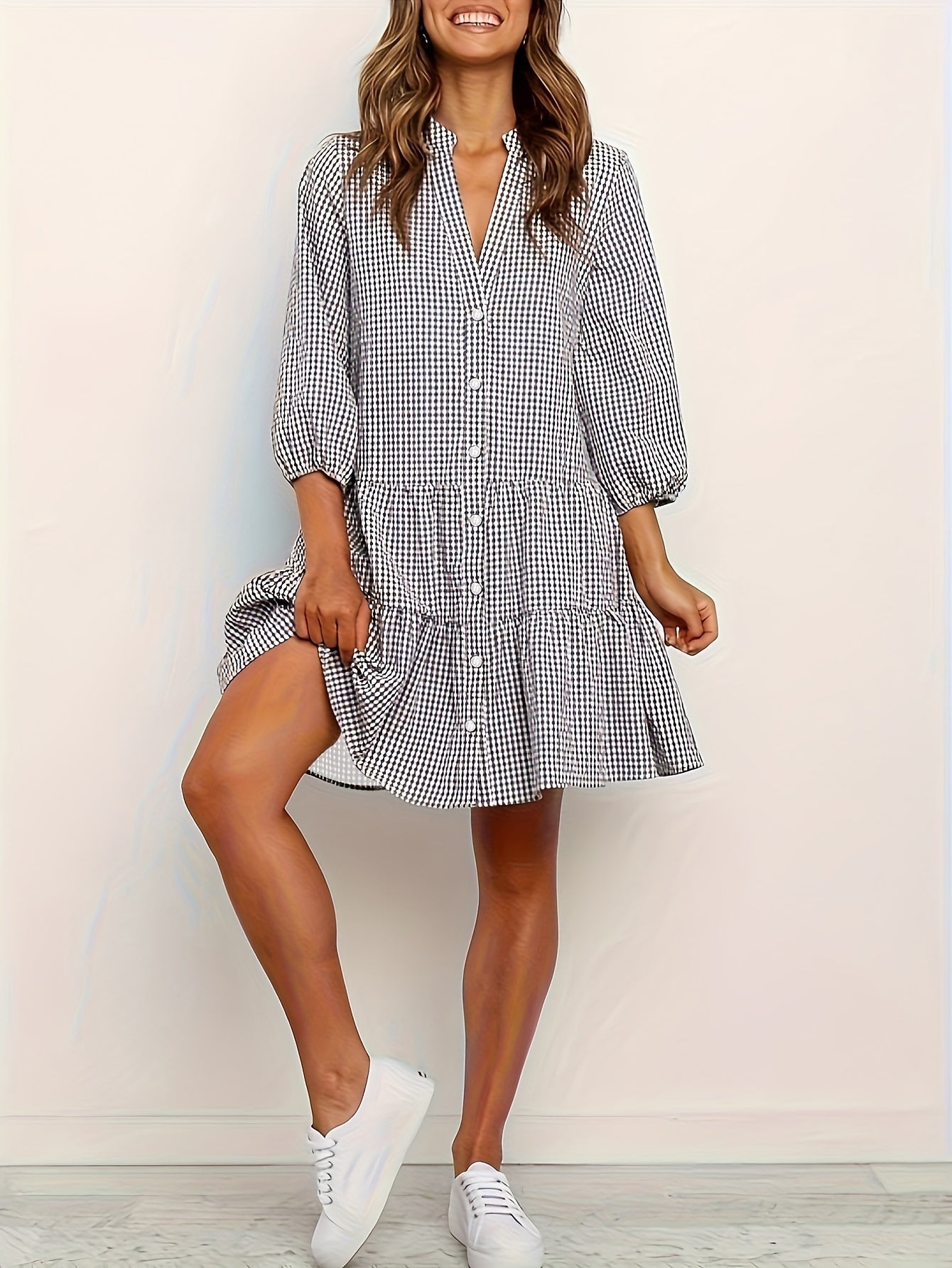 Yasmin Damenkleid | Verspieltes Gestreiftes Sommerkleid mit Puffärmeln und Knopfleiste-2