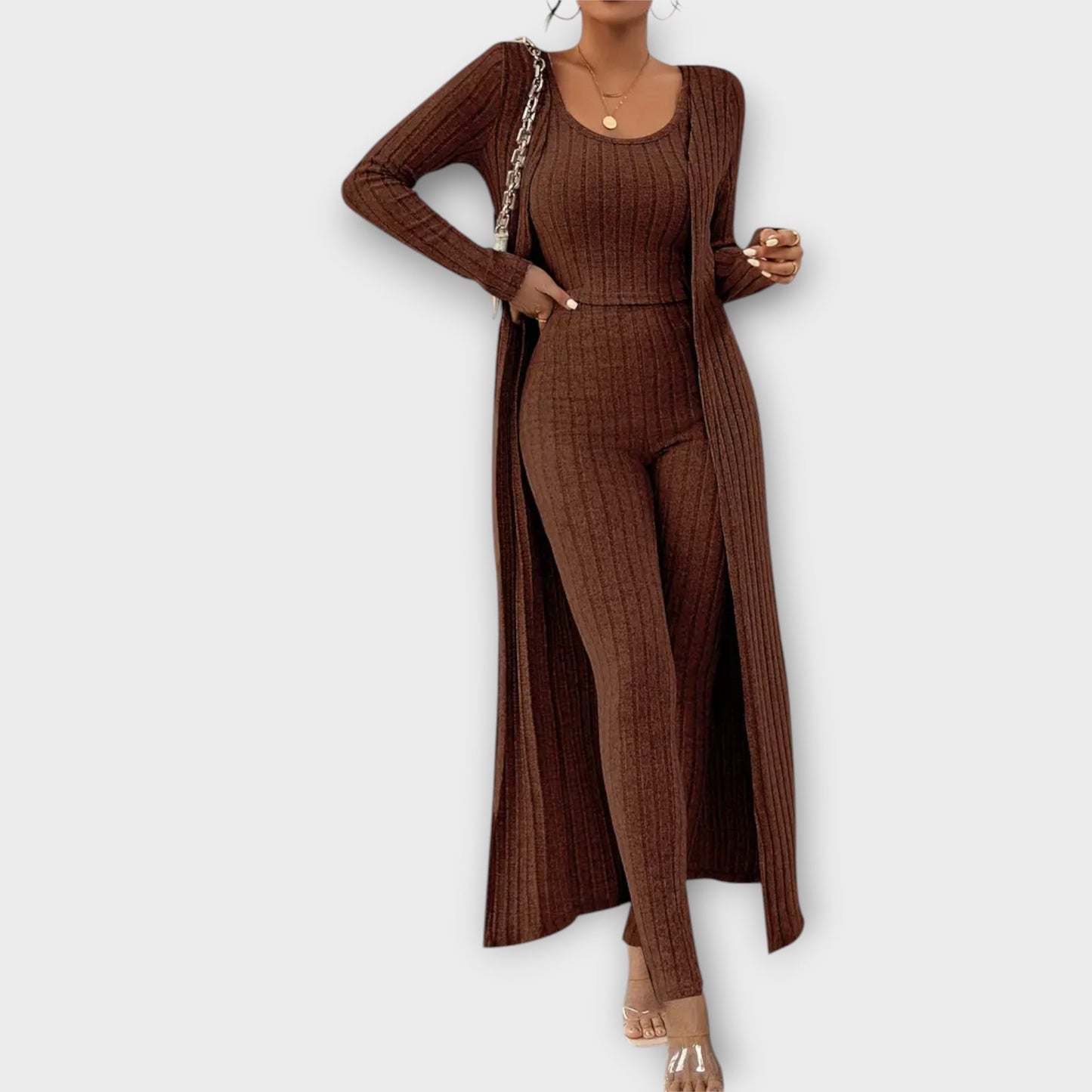 Elisa - Dreiteiliges Damen Set, Gestreift, Bauchfreies Tanktop, Langarm-Strickjacke & High-Waist-Hose, Stilvoll & Bequem-5