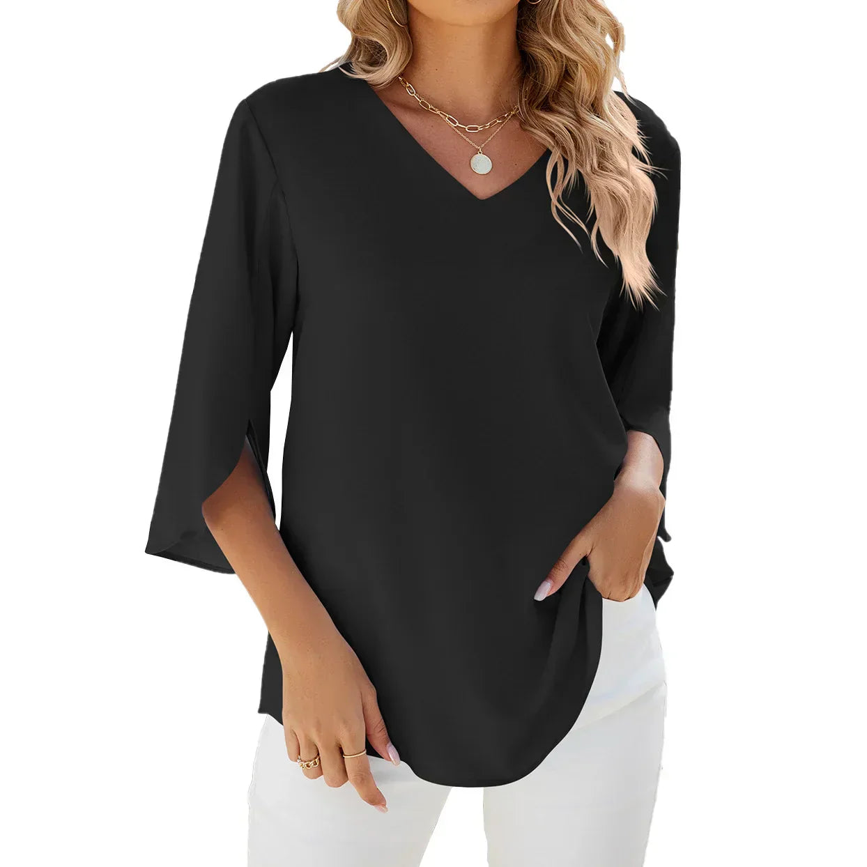 Variant image for Sophie - Weiße Bluse Damen V-Ausschnitt - Leichte Sommerbluse - Bequeme Damenblusen für Freizeit & Abendveranstaltungen-11