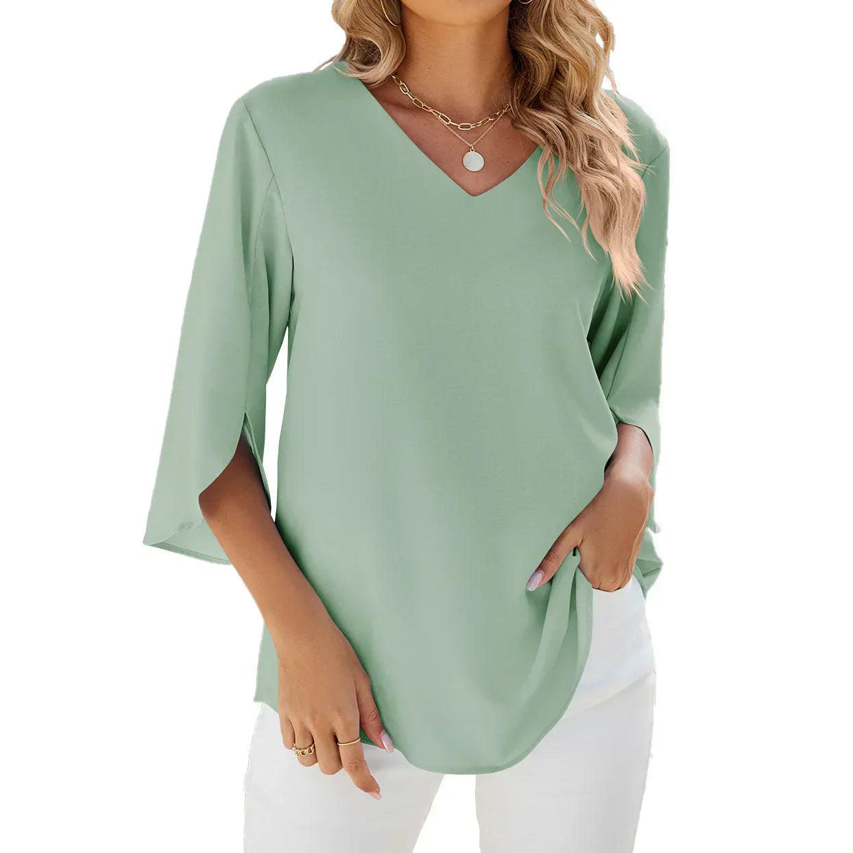 Variant image for Sophie - Weiße Bluse Damen V-Ausschnitt - Leichte Sommerbluse - Bequeme Damenblusen für Freizeit & Abendveranstaltungen-21