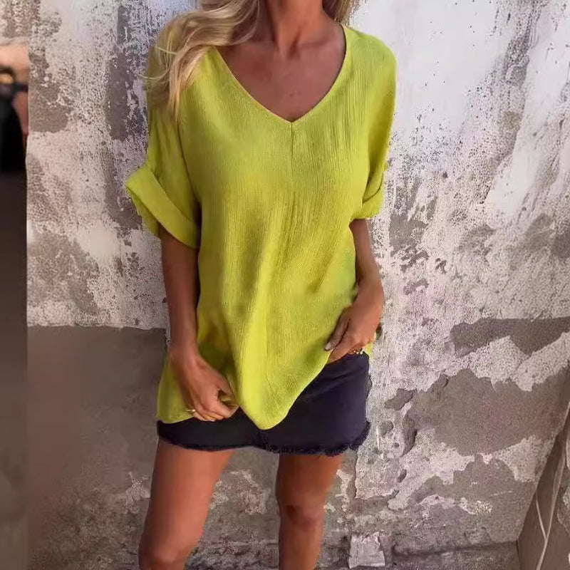 Chantal - Nachhaltiges Damen T-Shirt V-Hals Kurzarm in Weiß, Orange, Gelb, Schwarz, Lila - Oberteile Damen Fashion-3