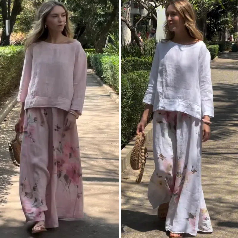 Anna's Elegantes Damen Set Aus Oberteil Und Blumenhose Mit Weitem Bein Für Den Frühling 2025-2
