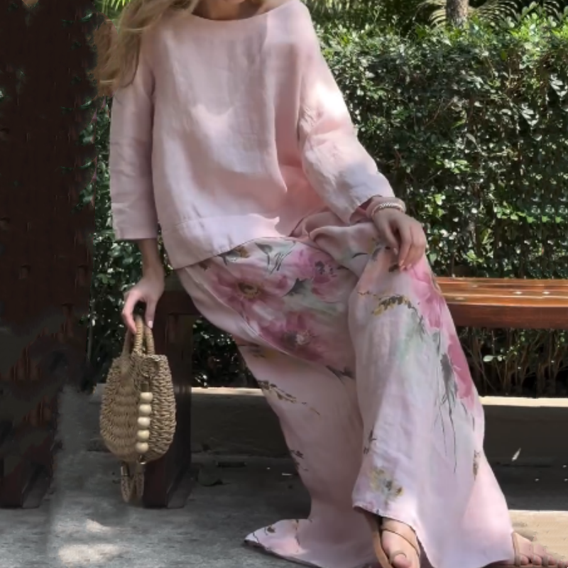 Anna's Elegantes Damen Set Aus Oberteil Und Blumenhose Mit Weitem Bein Für Den Frühling 2025-4