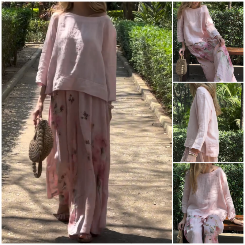 Anna's Elegantes Damen Set Aus Oberteil Und Blumenhose Mit Weitem Bein Für Den Frühling 2025-3