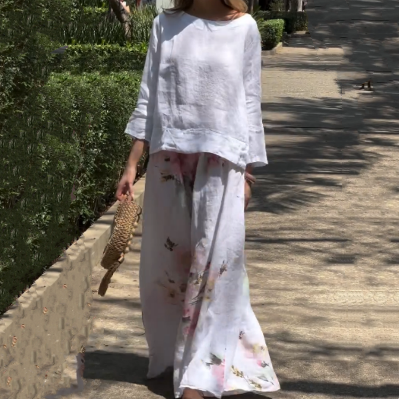 Anna's Elegantes Damen Set Aus Oberteil Und Blumenhose Mit Weitem Bein Für Den Frühling 2025-6
