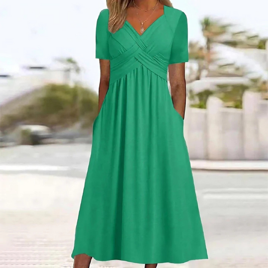 Anna's Damen Kleid A-Linie V-Ausschnitt Midi – Elegantes Abendkleid für Sommer & Freizeit-1