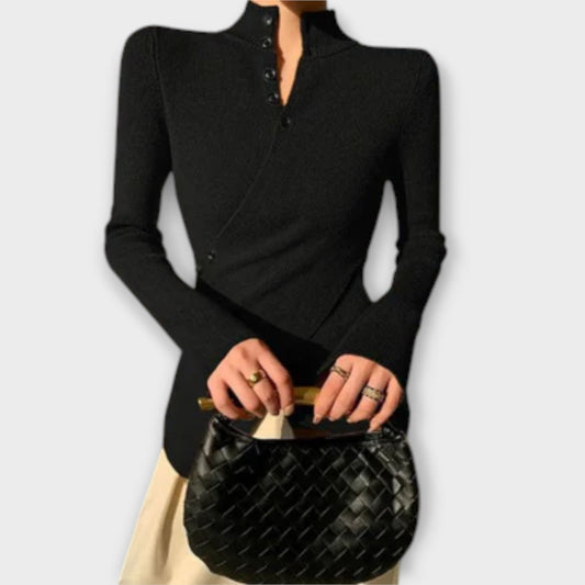 Sophie – Eleganter Damenpullover aus Baumwolle mit Hohem Kragen, Enganliegend, Schwarz-1