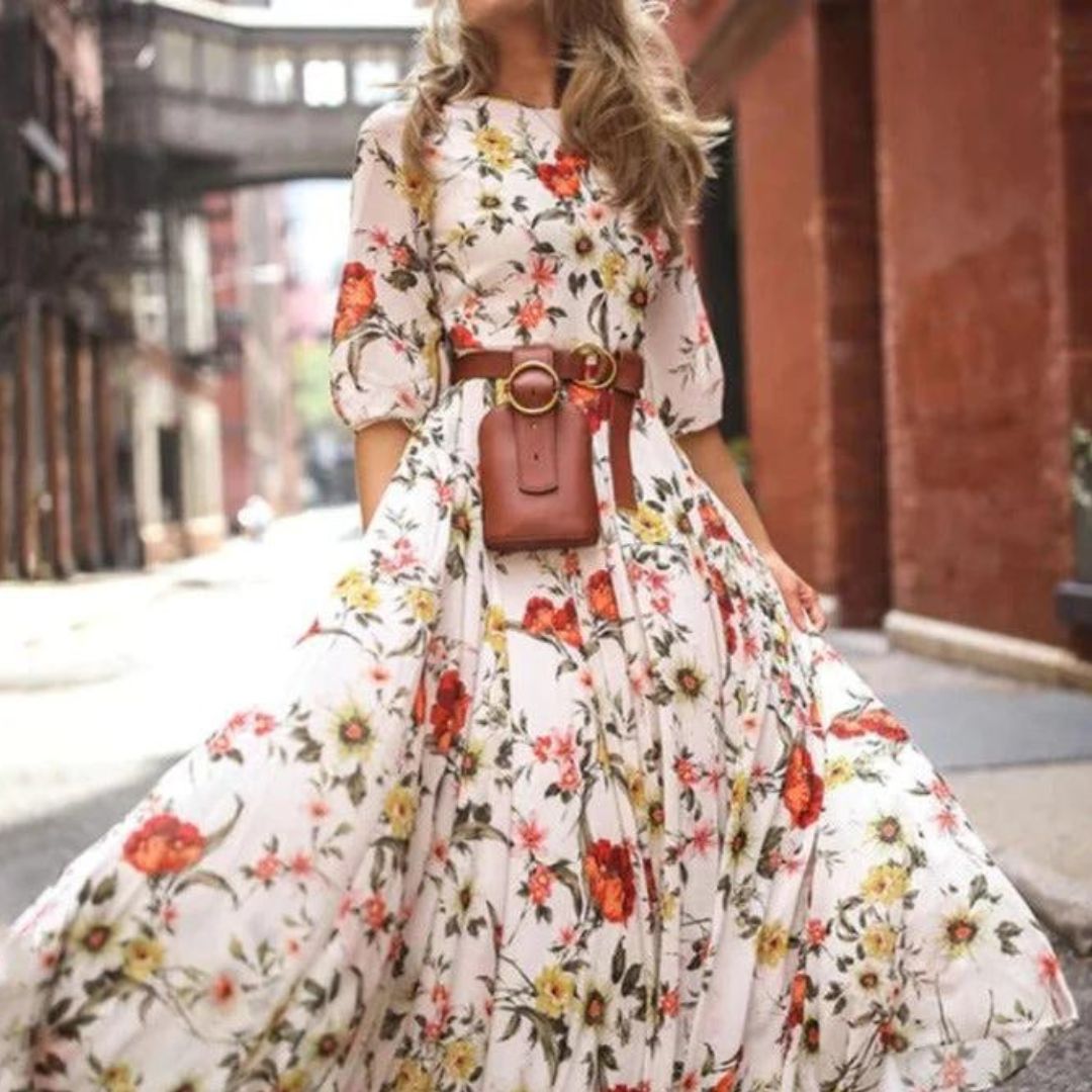 Anna Elegantes Maxikleid Sommer mit 3/4 Ärmeln und Gürtel für Damen - Perfekt als Hochzeitsgast oder für Festlichkeiten-5