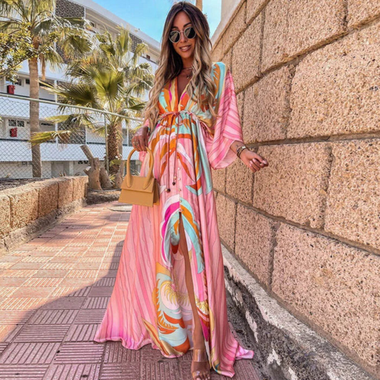 Anna's Farbenfrohes Maxi Kleid mit V-Ausschnitt und Schlitz für Damen – Maxikleid Sommer & Festlich für Hochzeitsgäste-1