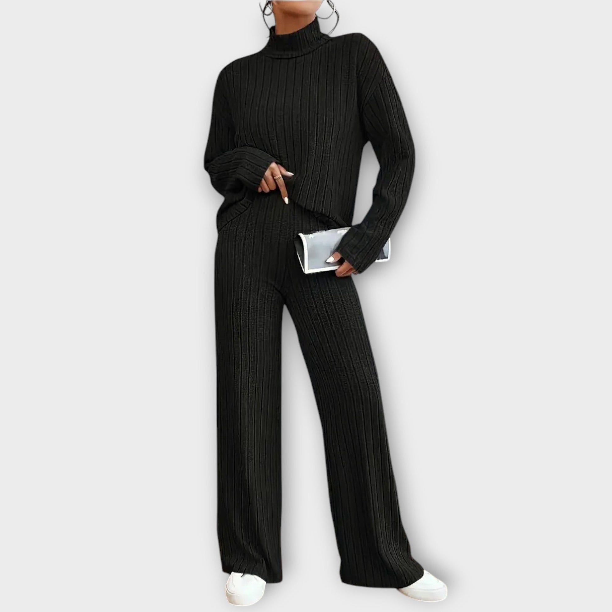 Variant image for Mia - Lässiges Duoset Für Frauen, Modernes Mock-Neck-T-Shirt & Bequeme Hose, Hochwertiger Gerippter Stoff, Vielseitig Für Alltag-1