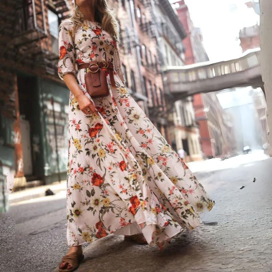 Anna Elegantes Maxikleid Sommer mit 3/4 Ärmeln und Gürtel für Damen - Perfekt als Hochzeitsgast oder für Festlichkeiten-4