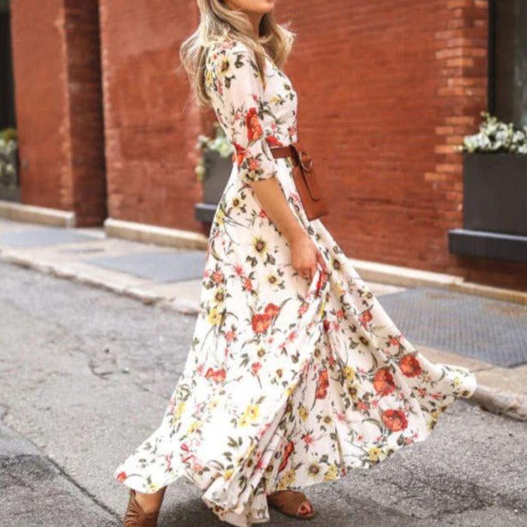 Anna Elegantes Maxikleid Sommer mit 3/4 Ärmeln und Gürtel für Damen - Perfekt als Hochzeitsgast oder für Festlichkeiten-3