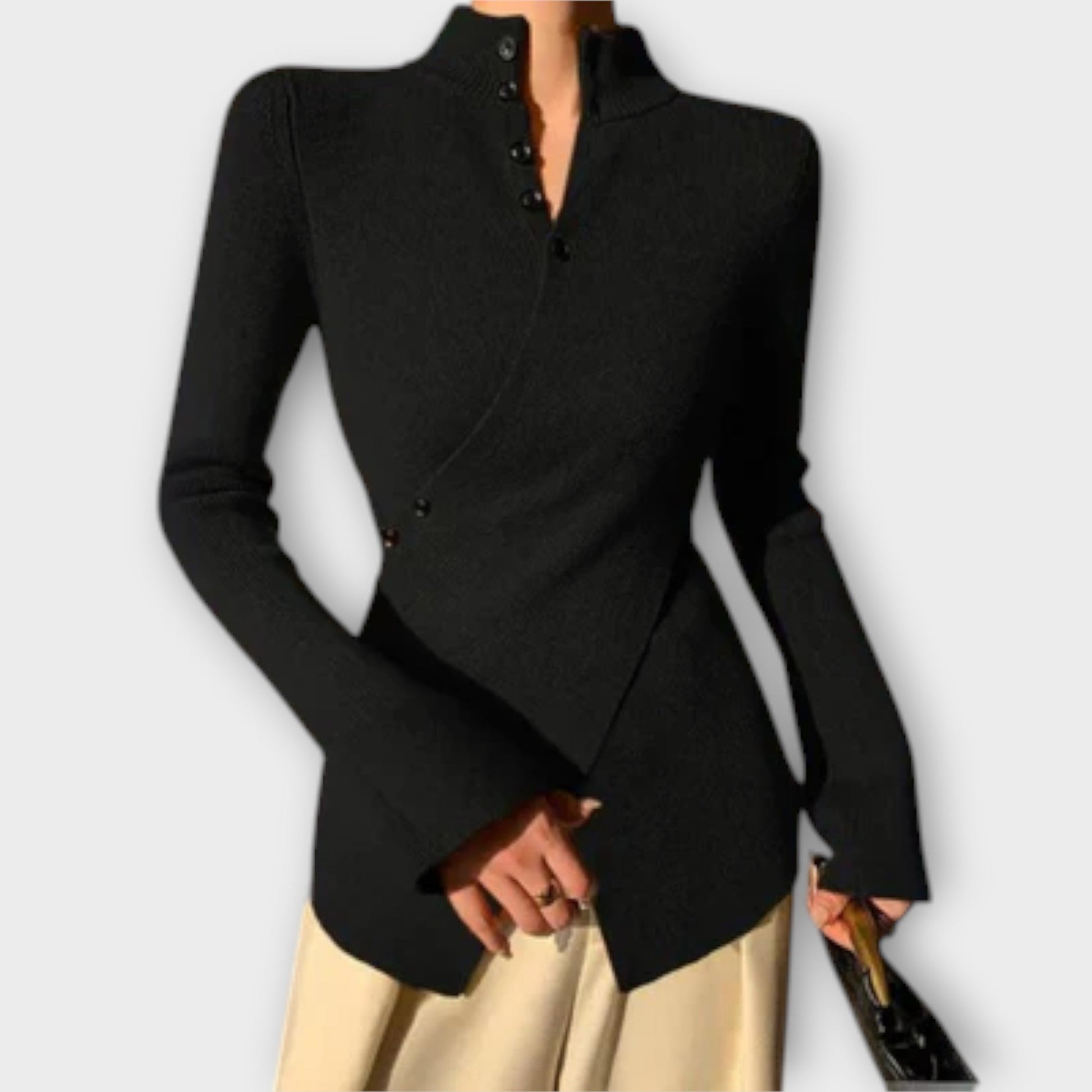 Sophie – Eleganter Damenpullover aus Baumwolle mit Hohem Kragen, Enganliegend, Schwarz-4