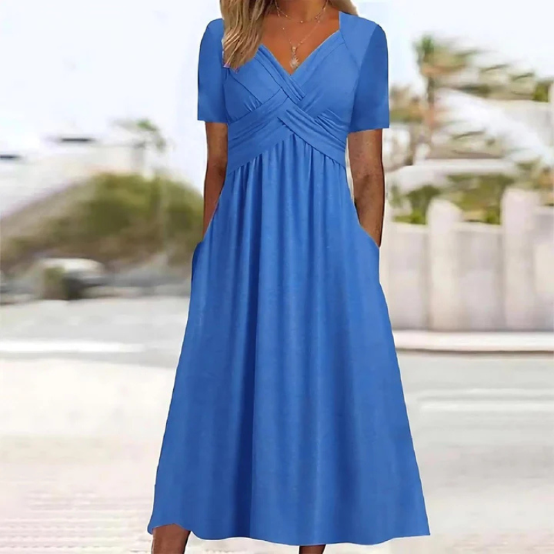Anna's Damen Kleid A-Linie V-Ausschnitt Midi – Elegantes Abendkleid für Sommer & Freizeit-2
