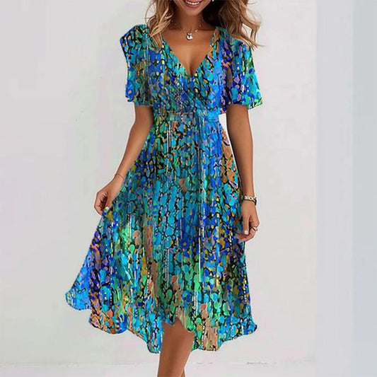 Laura | Elegantes Blaues Midi-Kleid für Damen - Bequemes Sommerkleid mit Kurzen Ärmeln-2