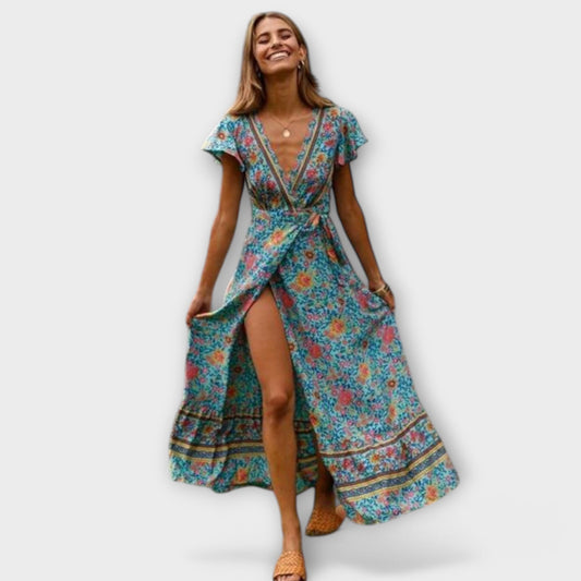 Shylin – Boho Maxikleid Sommer Damen Mit Blumenmuster & V-Ausschnitt, Langes Kleid Für Entspannte Tage-3