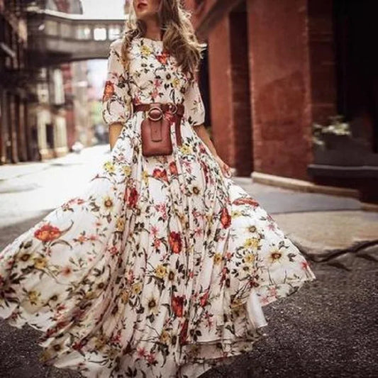 Anna Elegantes Maxikleid Sommer mit 3/4 Ärmeln und Gürtel für Damen - Perfekt als Hochzeitsgast oder für Festlichkeiten-1