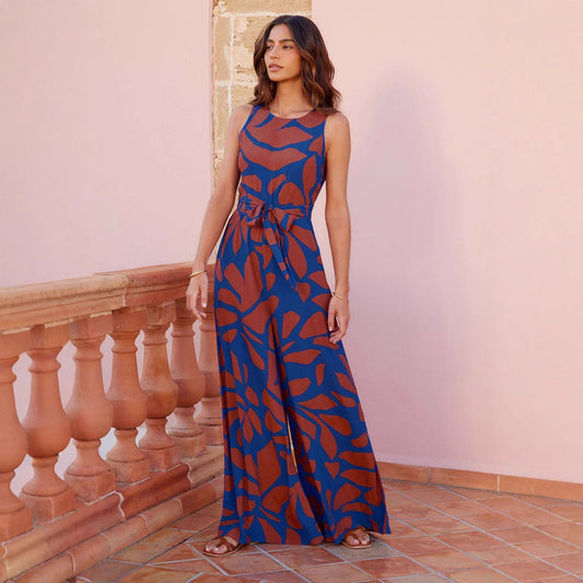 Elegante Anna - Damen Jumpsuit Schwarz, Ärmellos, Weites Bein, Festlich, Abstrakter Druck, Voller Länge für Sommer-1