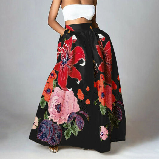 Anna Maxi Rock Damen Blumen Print Hochtailliert Sommer Maxirock Freizeit-1