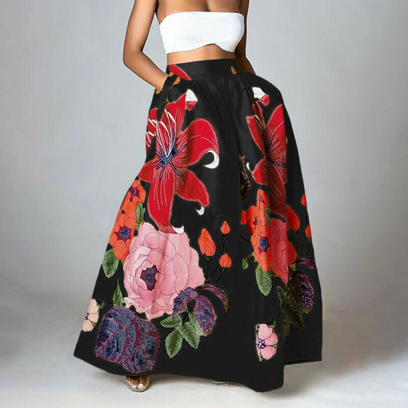 Variant image for Anna Maxi Rock Damen Blumen Print Hochtailliert Sommer Maxirock Freizeit-1