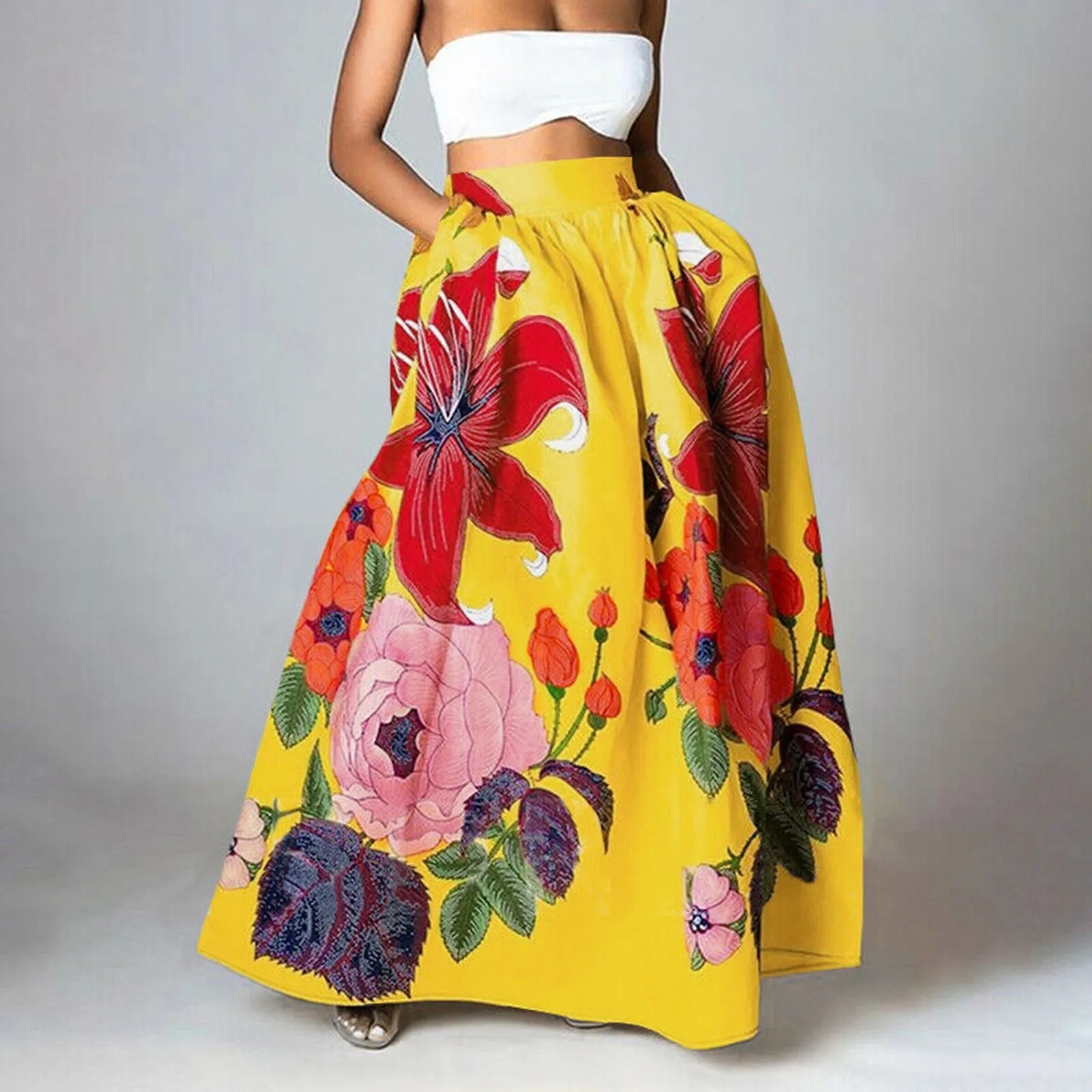 Anna Maxi Rock Damen Blumen Print Hochtailliert Sommer Maxirock Freizeit-2