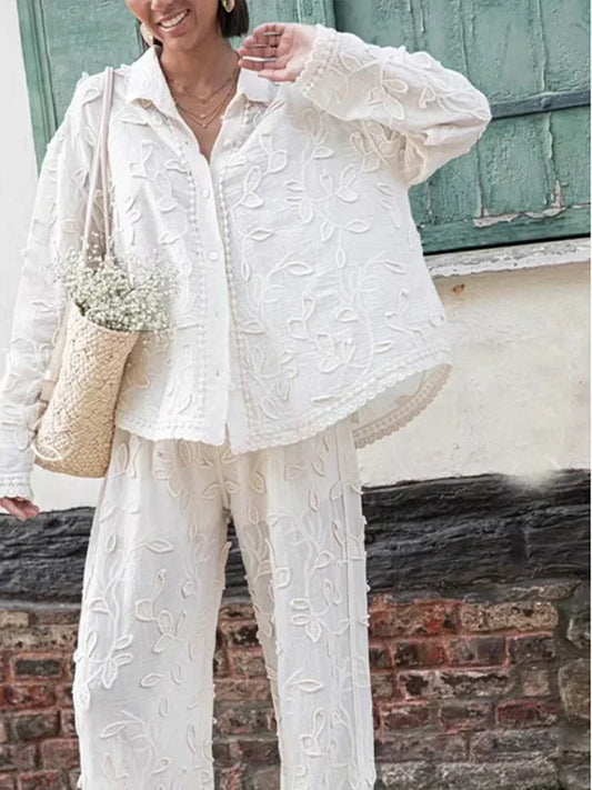 Anna's Elegante Damenmode: Hosen Mit Stickerei & Langärmelige Bluse für Stilbewusste Frauen-1