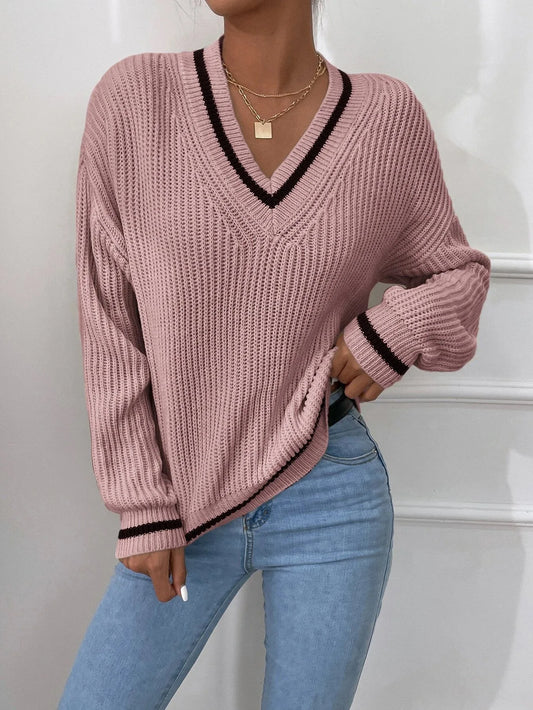 Emma Damenpullover | Übergroßer Französischer Strickpullover mit Tiefem V-Ausschnitt und Waffelstoff – Zeitloser Chic für Jeden Anlass-1