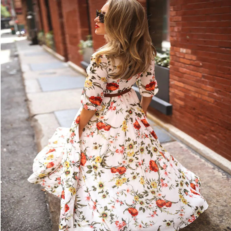 Anna Elegantes Maxikleid Sommer mit 3/4 Ärmeln und Gürtel für Damen - Perfekt als Hochzeitsgast oder für Festlichkeiten-6