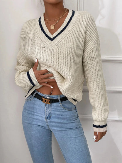 Emma Damenpullover | Übergroßer Französischer Strickpullover mit Tiefem V-Ausschnitt und Waffelstoff – Zeitloser Chic für Jeden Anlass-5