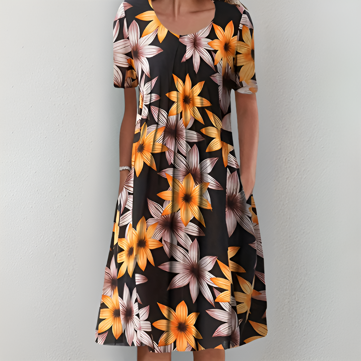 Patricia™ Blumenkleid Damen – Elegantes Festliches Kleid mit Blumenmuster, Rundhalsausschnitt und Kurzen Ärmeln-4