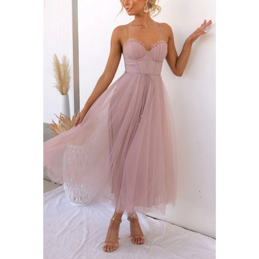 Anna's Elegantes Damenkleid Mit Spaghettiträgern | Midi Sommerkleid Für Hochzeitsgast-1