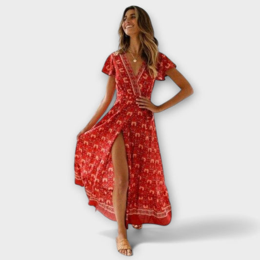 Briony - Elegantes Damenkleid Mit V-Ausschnitt, Rotes Boho Midikleid Für Festliche Anlässe-1