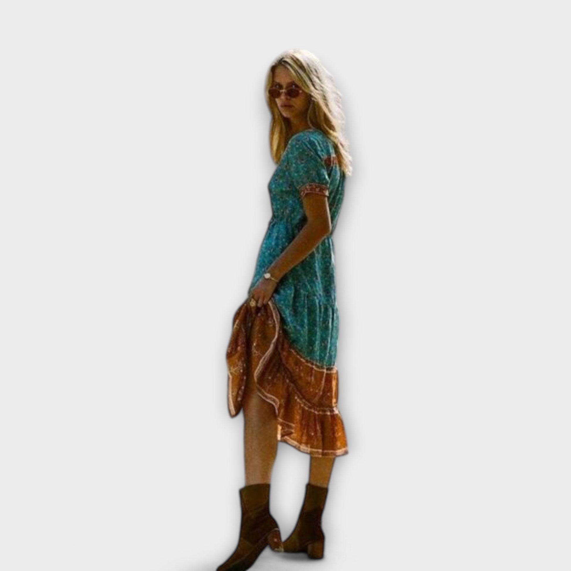 Ranya Boho Midi Kleid Damen in Türkis und Orange – Sommerkleider mit V-Ausschnitt und Blumenmuster-4
