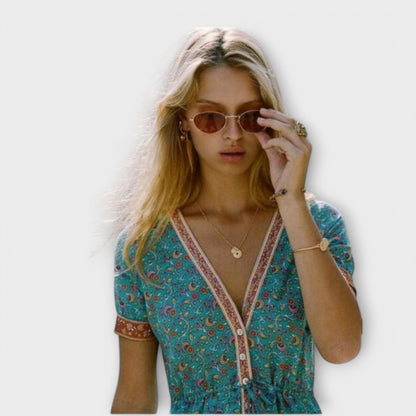 Ranya Boho Midi Kleid Damen in Türkis und Orange – Sommerkleider mit V-Ausschnitt und Blumenmuster-3
