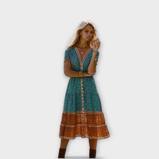 Ranya Boho Midi Kleid Damen in Türkis und Orange – Sommerkleider mit V-Ausschnitt und Blumenmuster-1