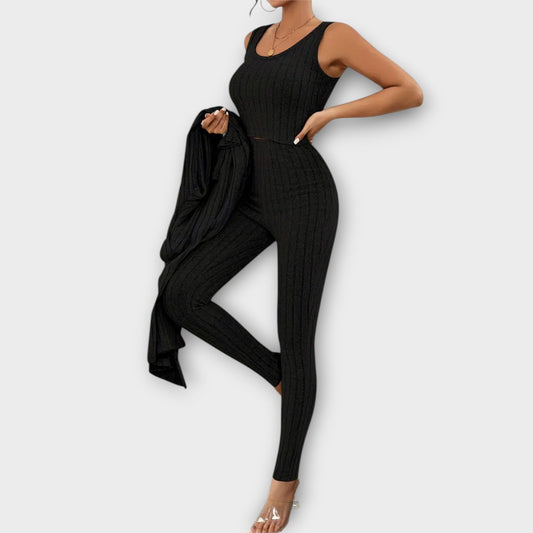Elisa - Dreiteiliges Damen Set, Gestreift, Bauchfreies Tanktop, Langarm-Strickjacke & High-Waist-Hose, Stilvoll & Bequem-1
