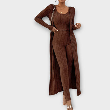 Elisa - Dreiteiliges Damen Set, Gestreift, Bauchfreies Tanktop, Langarm-Strickjacke & High-Waist-Hose, Stilvoll & Bequem-5